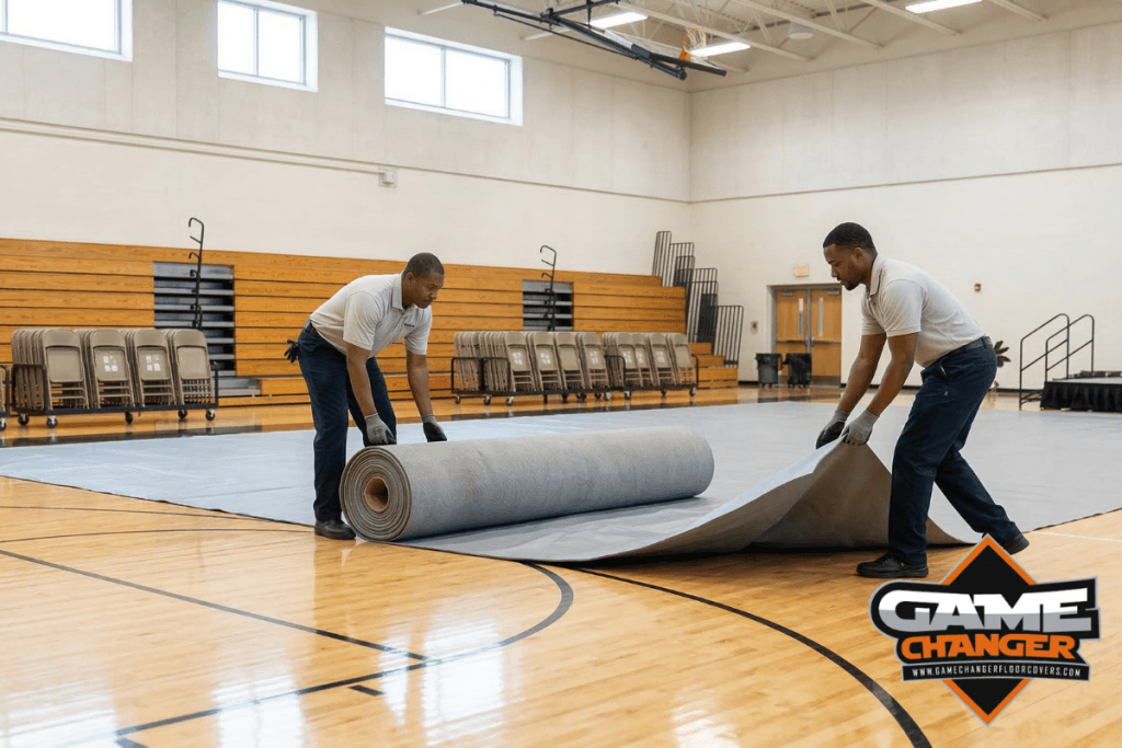 School staff unrolling a protective gym floor cover before a spring event